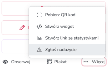 Widok mobilnego menu opcji na stronie zrzutki w Zrzutka.pl z pozycją „Zgłoś nadużycie”