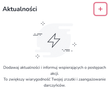 Widok mobilnej sekcji „Aktualności” w panelu zrzutki na Zrzutka.pl z listą dodanych wpisów oraz przyciskiem dodania nowej aktualizacji