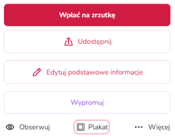 Widok mobilnego menu opcji na stronie zrzutki w Zrzutka.pl z przyciskami takimi jak pobranie plakatu, obserwowanie zrzutki oraz innymi dodatkowymi opcjami