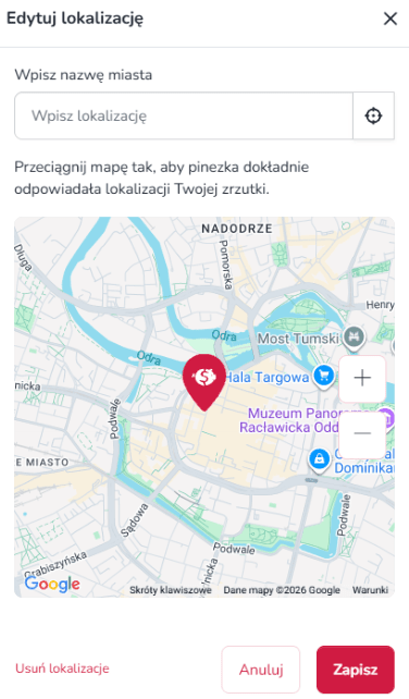 Sekcja dodania lokalizacji w panelu zrzutki na Zrzutka.pl w widoku mobilnym z polem wyszukiwania miejsca i opcją zapisania ustawień