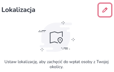 Widok mobilnej sekcji dodania lokalizacji w panelu zrzutki na Zrzutka.pl z polem wyszukiwania miejsca i listą podpowiedzi wyników do wyboru