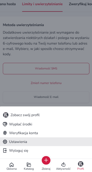 Widok mobilnych ustawień uwierzytelniania w panelu użytkownika Zrzutka.pl z opcjami zabezpieczenia konta oraz konfiguracji weryfikacji