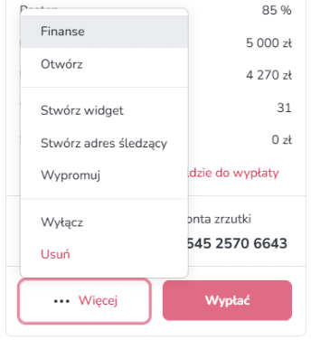Widok mobilnego menu opcji zrzutki na Zrzutka.pl z widoczną pozycją „Finanse” prowadzącą do ustawień finansowych