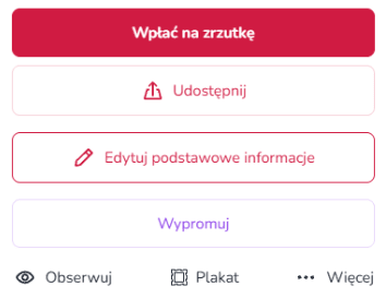 Widok mobilny ustawień zrzutki w panelu organizatora na Zrzutka.pl z opcjami edycji danych, zarządzania widocznością oraz konfiguracji funkcji zbiórki