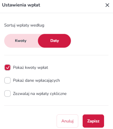 Widok mobilnych ustawień wpłat w panelu zrzutki na Zrzutka.pl z opcjami konfiguracji wpłat, przełącznikami ustawień oraz przyciskiem zapisania zmian