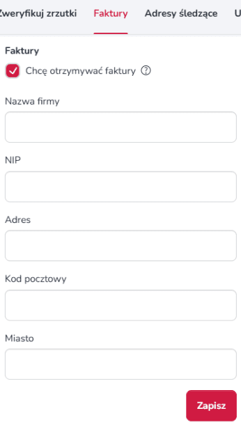 Widok mobilnego okna uzupełnienia danych do faktury na Zrzutka.pl z polami do wpisania danych firmy lub osoby oraz przyciskiem zapisania