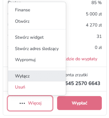 Widok mobilnego menu „Więcej” przy zrzutce z dostępnymi opcjami „Usuń” oraz „Wyłącz”