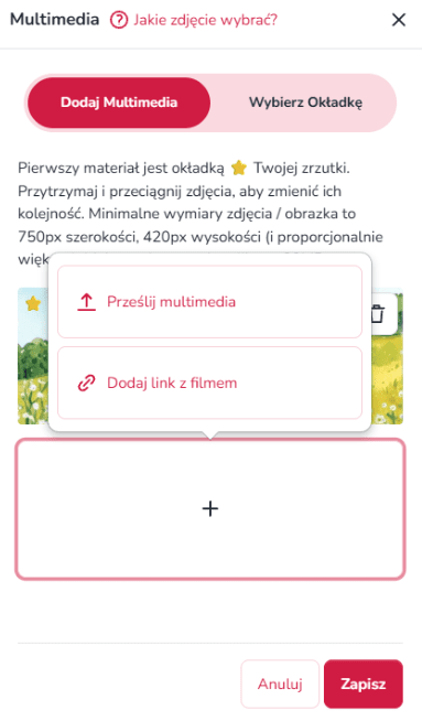 Okno „Multimedia” w panelu Zrzutka.pl z przyciskami „Dodaj Multimedia” i „Wybierz Okładkę”, menu z opcjami „Prześlij multimedia” oraz „Dodaj link z filmem”, polem dodawania (+) oraz przyciskami „Anuluj” i „Zapisz”