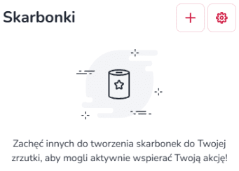 Widok mobilnej sekcji „Skarbonki” w panelu zrzutki na Zrzutka.pl z listą utworzonych skarbonek oraz opcją dodania nowej